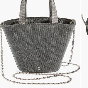 Amina Muaddi Lily Bucket Bag in Gray Denim